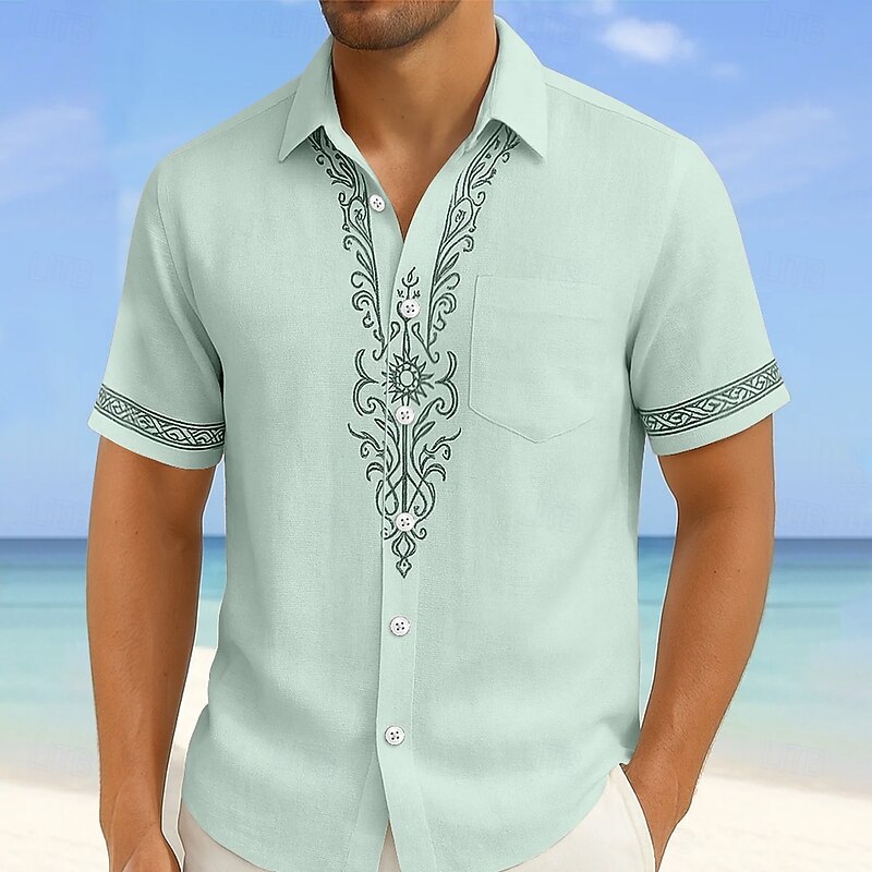Men's Floral Print Ethnic Flowers Shirt Summer Shirt Button Up Shirt Short Sleeve Vintage Retro Vacation Holiday Streetwear Summer Turndown 3D Print Front One Pocket Linen Like Shirt Pink Blue Green4