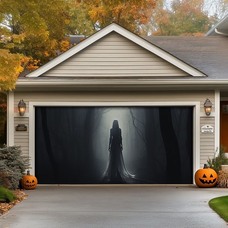 Halloween Outdoor Garage Door Cover Ghost Bride Skeletons Banner Large Tapestry Backdrop Decoration for Holiday Outdoor Garage Door Home Wall Decorations