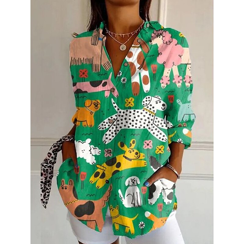 Women's Shirt Button Down Tunic Shirt Collar Long Sleeve Graphic Animal Vintage Daily Stylish V Neck Regular Tops Work Daily Holiday s Print Yellow Green Khaki Spring Fall2