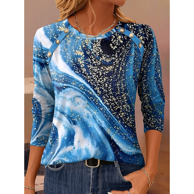 Women's T Shirt Graphic Geometric Vintage Casual Long Sleeve Crew Neck Regular Tops Daily Buttons Print Sage Green Blue Purple Brown Green Spring Fall Winter