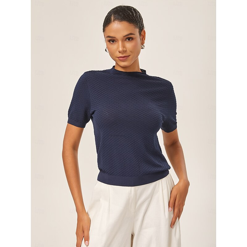 Luxe Textured 3D Jacquard Knit Navy Blue Top2