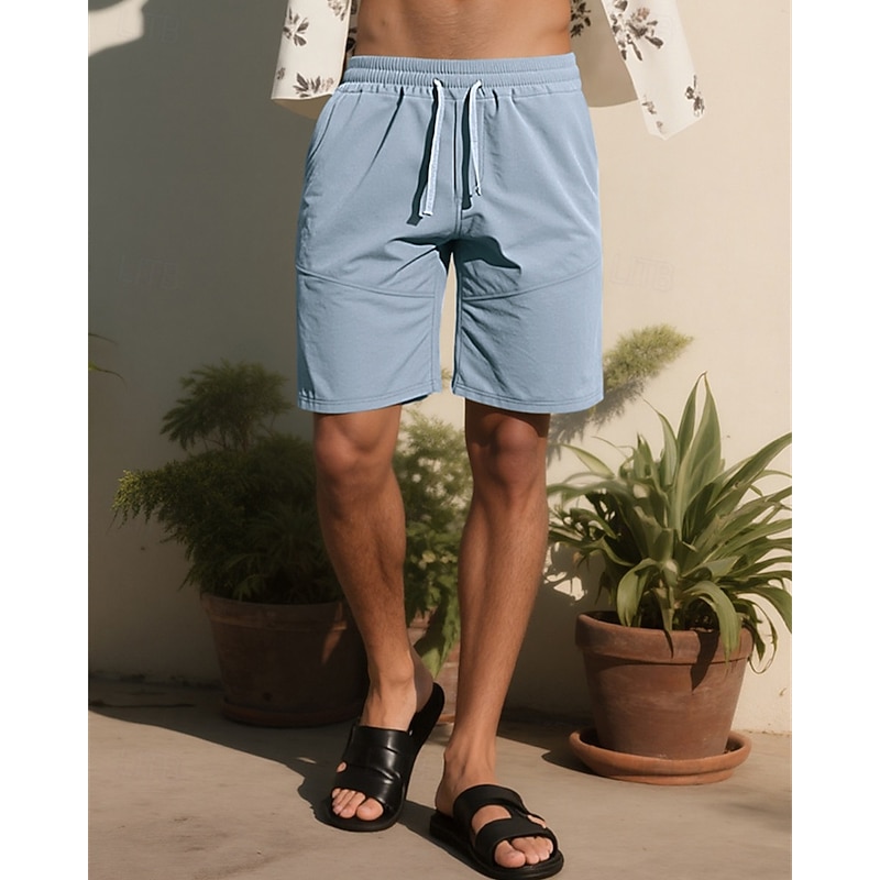 Men's Shorts Summer Shorts Casual Shorts Pocket Elastic Waist Drawstring Plain Comfort Breathable Knee Length Outdoor Vacation Sport Casual Sky Blue Khaki Micro-elastic2