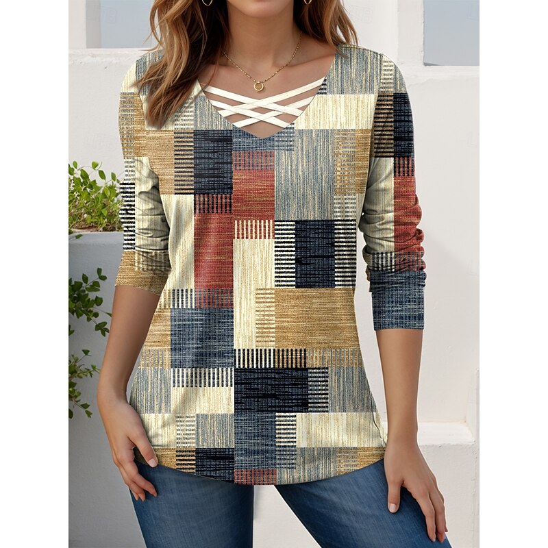 Women's T Shirt Graphic Geometric Vintage Stylish Modern Long Sleeve V Neck Regular Tops Daily Cut Out Print White Pink Dusty Rose Brown Khaki Spring Fall3