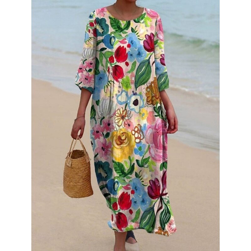 Women's Midi Dress Casual Dress Print Dress Fashion Modern Daily Beach Weekend Regular Fit Floral 3/4 Length Sleeve Crew Neck Blue Green Spring Fall Autumn2
