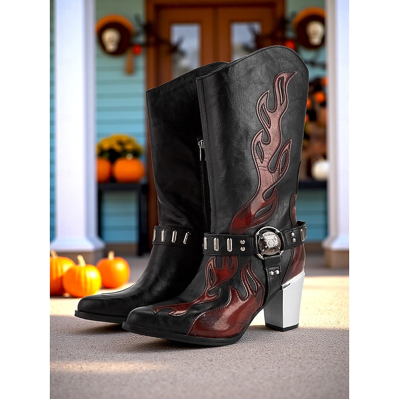 Women's Flame Embroidered Western Cowboy Boots - Chunky Heel Black and Brown Gothic Mid-Calf Boots for Halloween, Music Festivals, and Rodeo Outfits4