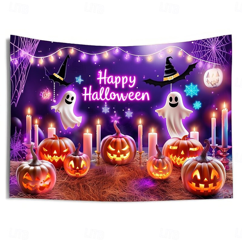 Halloween Blacklight Wall Tapestry – UV Reactive 'Happy Halloween' with Glowing Pumpkins and Candles, Neon Colors Spooky Scene, Glow in the Dark Wall Hanging for 2025 Halloween Party Decoration4