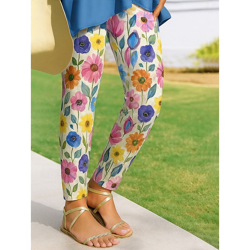 Women's Leggings Vacation Vintage Ethnic Style Ankle-Length High Waist Floral Graphic 3D Print Quick Dry Breathability Soft High Elasticity Outdoor Home Causal White Pink Red Blue Spring Fall Slim Fit4
