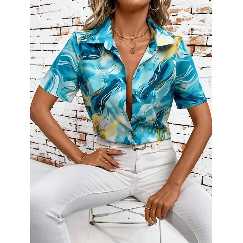 Women's Shirt Long Sleeve Button Down Blouse Graphic 3D Vintage Tropical Daily Short Sleeve Shirt Collar Regular Tops Daily Blue Green Summer Spring3