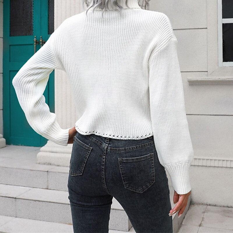 Women's Pullover Casual Solid Color Chunky Turtleneck Knitted Long Sleeve Crop Tops Knit Daily Holiday Going out Black White Fall Winter4
