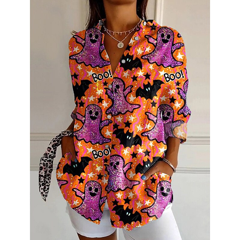 Halloween Women's Shirt Button Down Tunic Shirt Collar Long Sleeve Bat Graphic Vintage Casual Regular Tops Work Daily s Print Black Pink Orange Gray Spring Fall