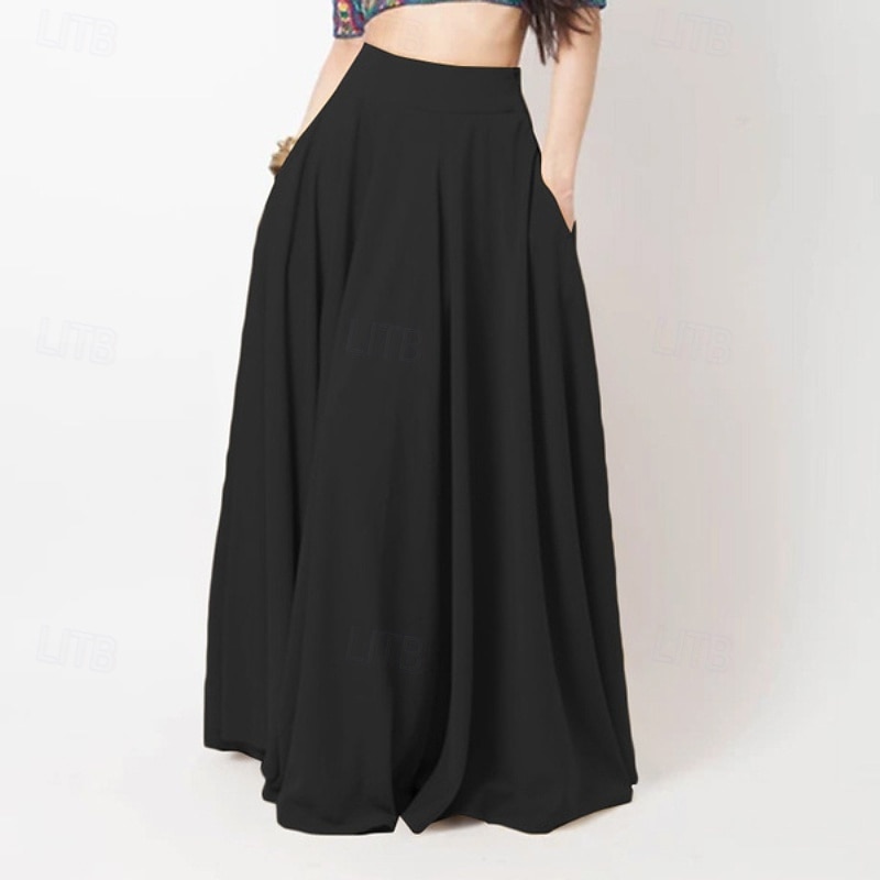 Women's Skirt Fashion Maxi Mid Rise Skirts Plain Pleated Pocket Micro-elastic Vacation Going out Black Yellow Red Summer Polyester2