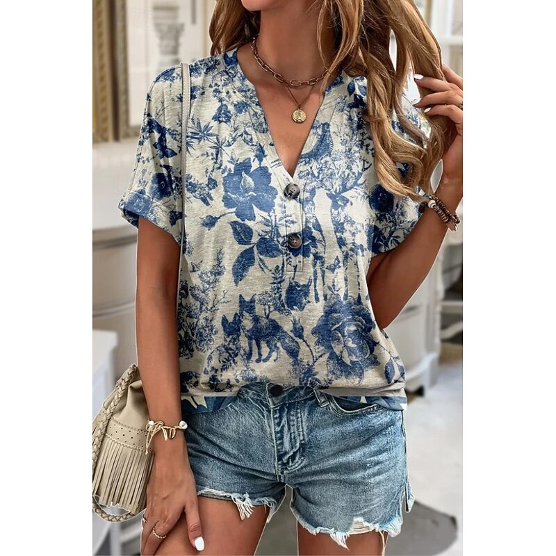 Women's T Shirt Ombre Floral Graphic Elegant Vintage Fashion Short Sleeve V Neck Notched Neck Regular Tops Daily Going out Weekend Print Blue Sky Blue Dark Green Light Blue Summer Spring4