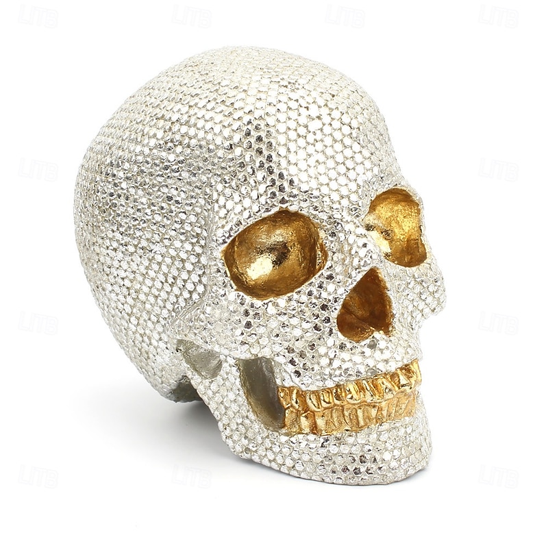 Halloween Resin Figurine Silver Sequin Mini Skull Decor Creative Home Tabletop Ornament Spooky Halloween Resin Craft Decorative Accessory for Party Bar Shelf Display