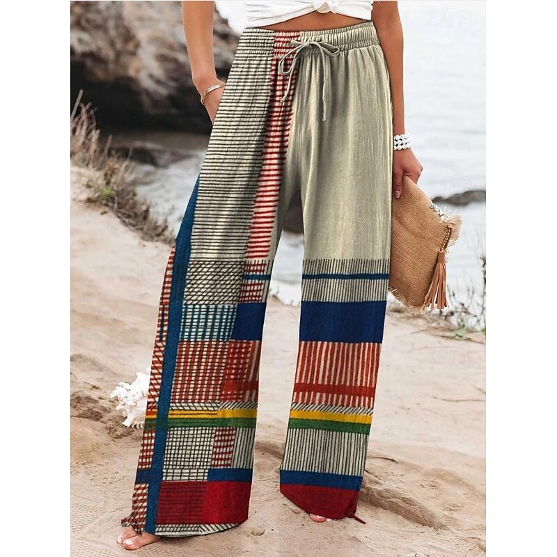 Women's Culottes Wide Leg Wide Leg Chinos Vacation Vintage Ethnic Style Full Length High Waist Graphic Gradient Striped Quick Dry Breathability Soft Inelastic Formal Outdoor Vacation Pinky Yellow Red