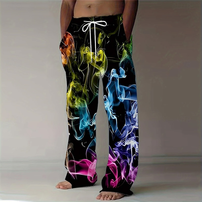 Men's Colorful Smoke Trousers Baggy Pants Casual Pants Mid Waist Fashion Casual Holiday Streetwear Elastic Drawstring Waist Linen-Like Pants with Pockets Summer Spring 3D Print Red Blue Purple