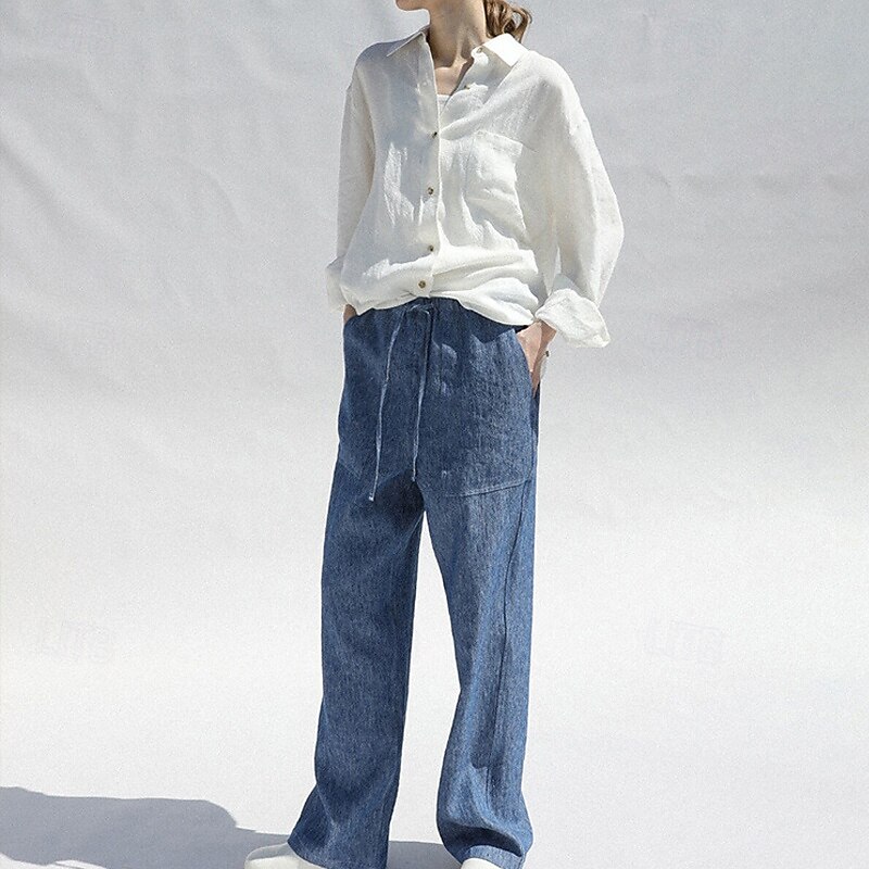 Women's 100% Linen Shirt Solid Color Elegant Vintage Daily Long Sleeve Shirt Collar Regular Tops Work Daily Holiday Big white Summer Spring Fall3