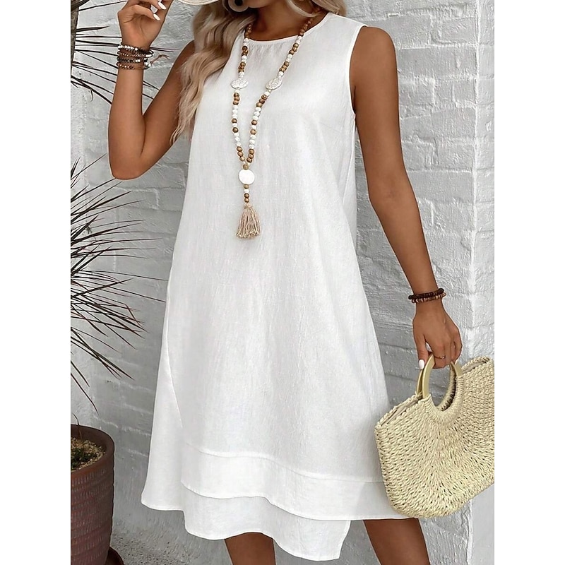 Women's Midi Dress Summer Dress Casual Daily Regular Fit Solid Color Sleeveless Crew Neck White Navy Blue Summer3
