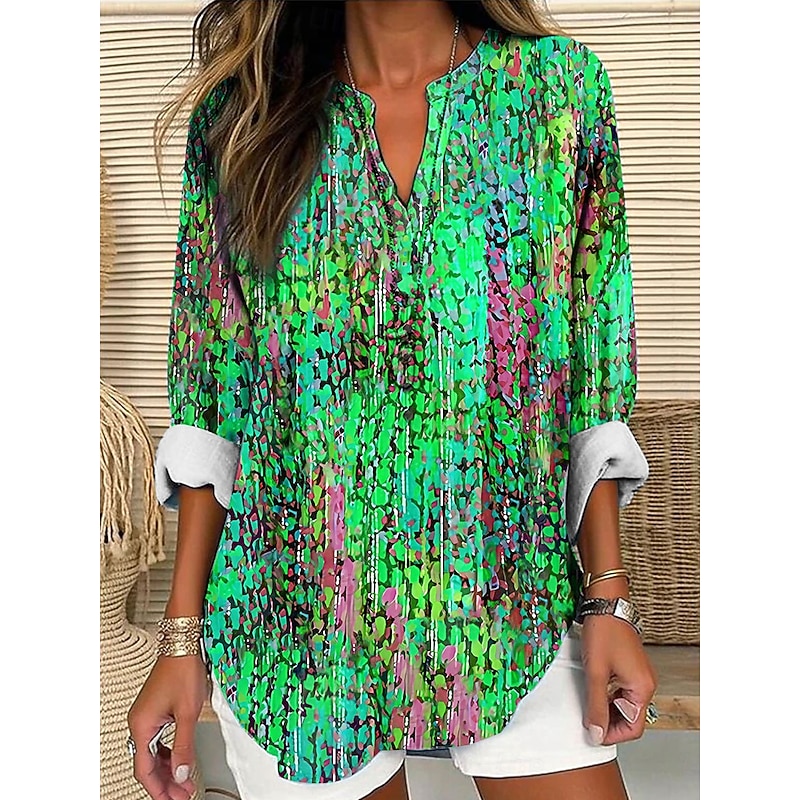 Women's Blouse Tunic V Neck Long Sleeve Boho Casual Tops Ombre Graphic Vintage Tropical Regular Tops Daily Wear Print Blue Purple Orange Green3