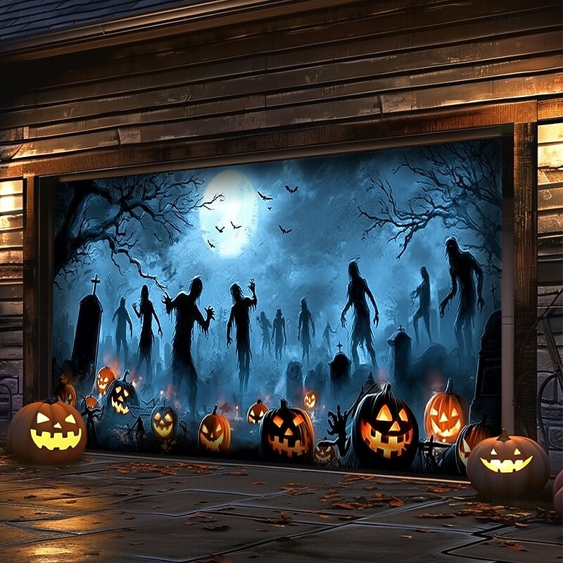 Halloween Garage Door Cover Banner Backdrop – Moonlit Pumpkin Field with Zombie Hands, Oversized Front Yard Decoration for 2025 Halloween, Includes Hanging Accessories3