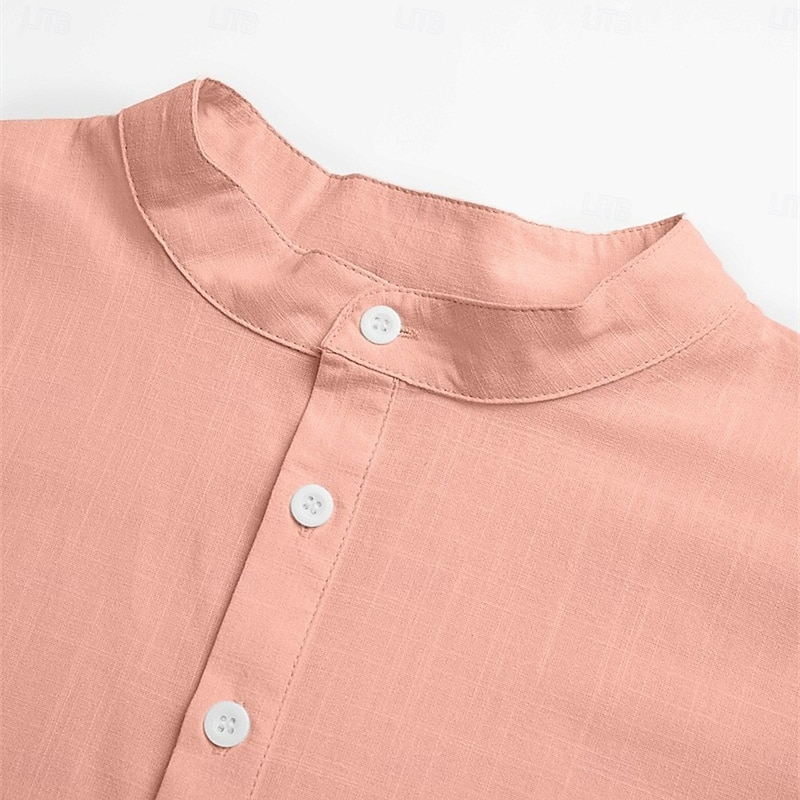 Men's Shirt Linen Shirt Band Collar Shirt Popover Shirt Summer Shirt Beach Wear Plain Vacation Streetwear Black White Pink Navy Blue Short Sleeve Henley Summer Clothing Apparel2