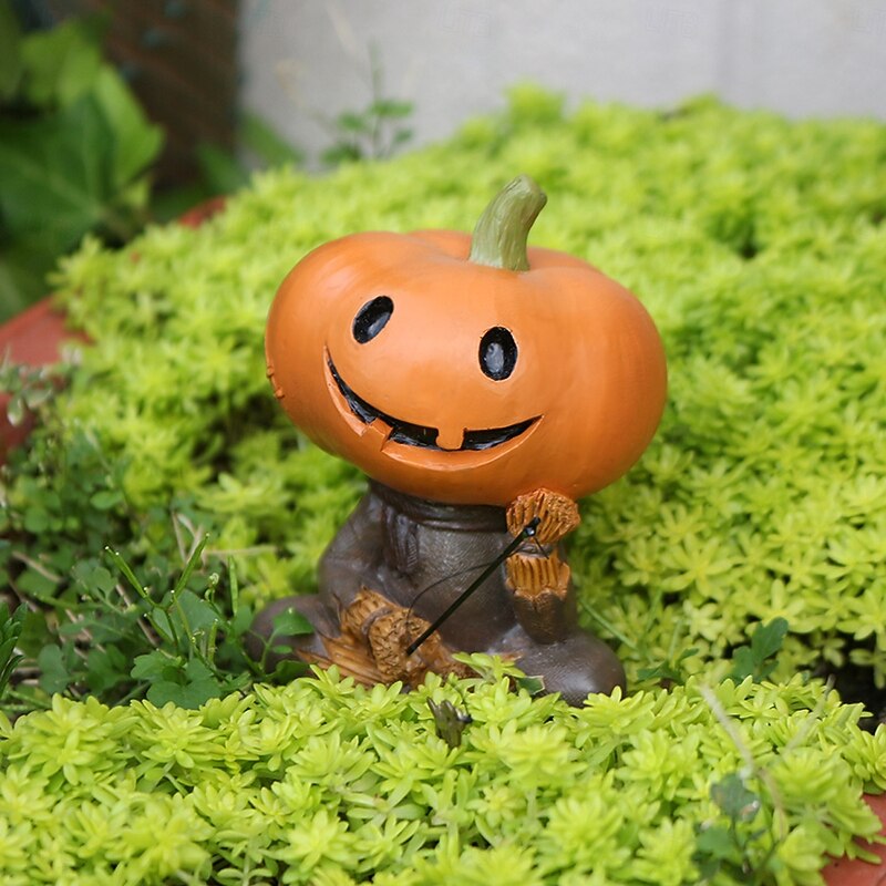 Halloween Resin Pumpkin Scarecrow Fishing Figurine, Miniature Landscape Outdoor Yard Planter Balcony Decoration, Spooky Halloween Garden Ornament3