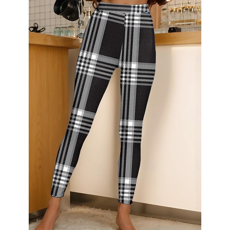 Women's Leggings Vacation Vintage Fashion Ankle-Length High Waist Graphic Geometric Plaid Checkered Printing Soft Breathable Stretchy Outdoor Daily Depression Green Black and White Yellow Spring Fall3