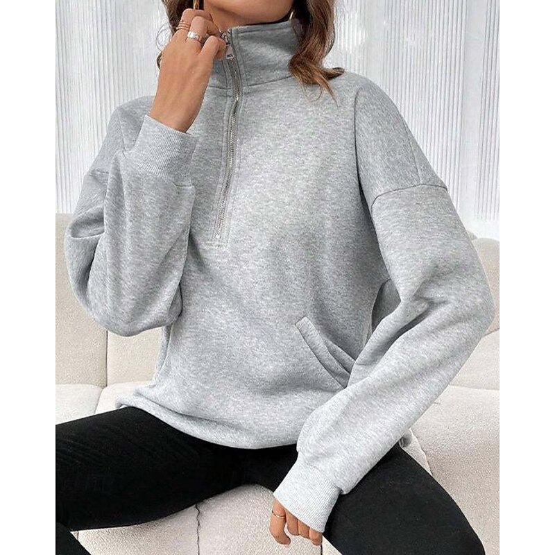 Women's Pullover Sweatshirt Sweatshirts Plain Streetwear Casual Long Sleeve Turtleneck Regular Tops Street Holiday Half Zipper Quarter Zipper Zipper Black Red Gray Fall3