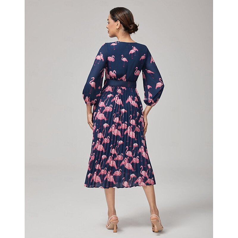 Women's Female Casual Dress Pink Flamingo Summer Fall Cross-Seasons Round Vacation XS S M3