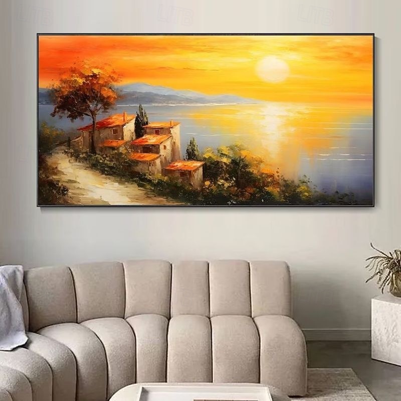 Handmade Oil Painting Canvas Wall Art Decoration Sunset Village Seaside Town Ocean Landscape Texture Abstract Orange Sky Knife Painting for Home Decor Rolled Frameless Unstretched Painting2