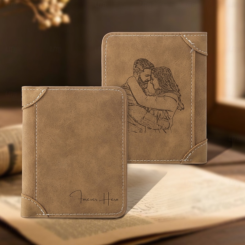 Personalized Photo Engraved Wallet Custom Best Gift for Men, Vintage Brown or Blue Leather Bifold, Custom Picture Wallet for Husband Dad, Birthday Father's Day Christmas
