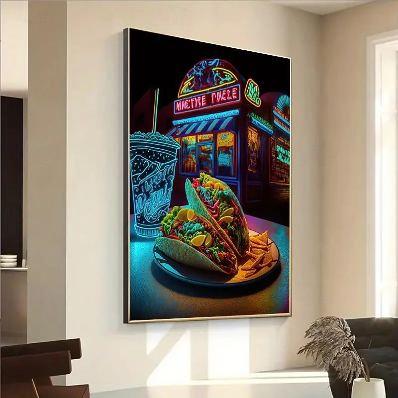 Vibrant Neon Lamp Corn Cake Shop Canvas Art - Frameless Modern Living Room Bedroom Or Home Office Wall Decoration Mediterranean Style Design With Glowing Neon Lights Perfect For Indoor Spaces