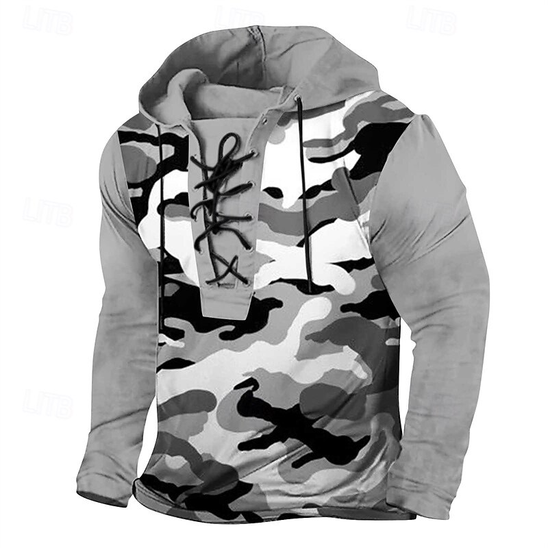 Men's Hoodie Green Gray Hooded Camouflage Lace up Patchwork Sports & Outdoor Daily Holiday Polyester Streetwear Basic Casual Spring Fall Clothing Apparel Hoodies Sweatshirts