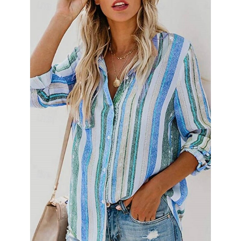 Women's Shirt Button Down Blouse Striped Stylish Casual Long Sleeve Shirt Button Down Blouse Collar Regular Tops Daily Buttons Print Pink Blue Orange Green Rose Pink Summer Spring