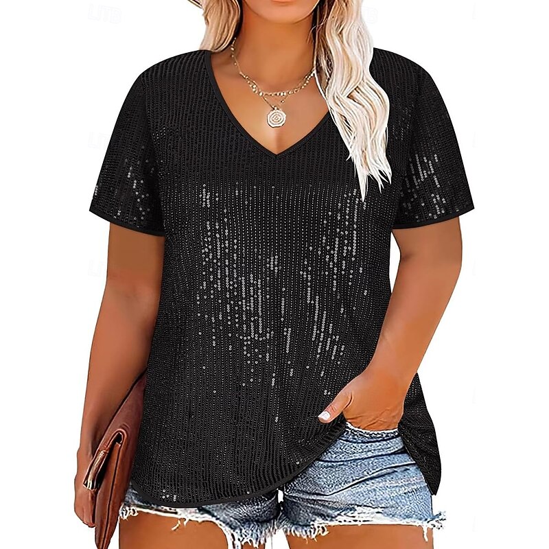 Women's Sequin Sparkly Party Glitter Sparkly Fashion Modern Short Sleeve V Neck Regular Tops Weekend Sequins Black White Red Navy Blue Blue Summer3