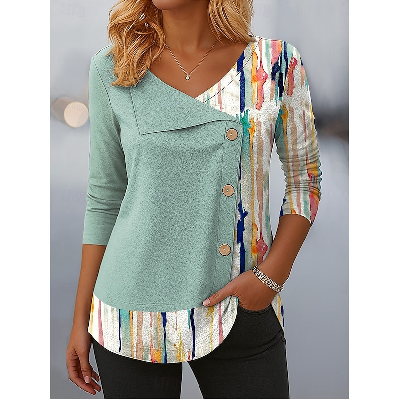 Women's Blouse Tunic V Neck Long Sleeve Buttons Graphic Geometric Plaid Vintage Stylish Casual Crew Neck Asymmetrical Tops Daily Patchwork Print Light Green Pink Red Purple Orange Spring Fall Winter