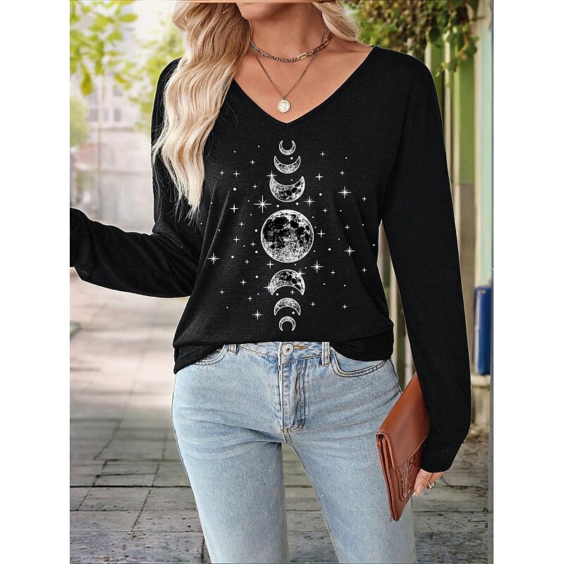 Women's T Shirt V Neck Long Sleeve Tunic Graphic Star Moon Vintage Stylish Casual Regular Tops Daily Print Black Gray Spring Fall4