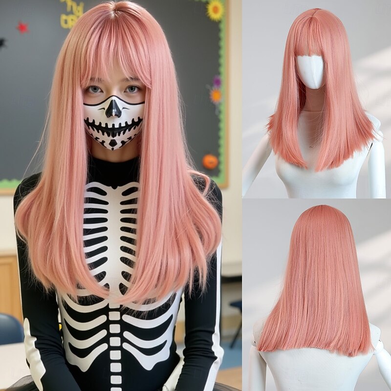 Women's 16″ Pink Straight Halloween Wig – Mid‑Length Hair with Bangs, Ideal for Costume Parties, Cosplay & Everyday Fashion