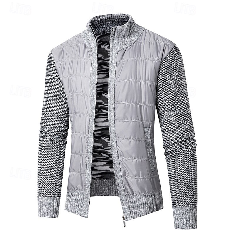 Men's Cardigan Sweater Cropped  Sweater Zip Sweater Knit Sweater Ribbed Knit Regular Tops Patchwork Pocket Plain Stand Collar Fashion Classic Vacation Daily Wear Clothing Apparel Fall Winter Black