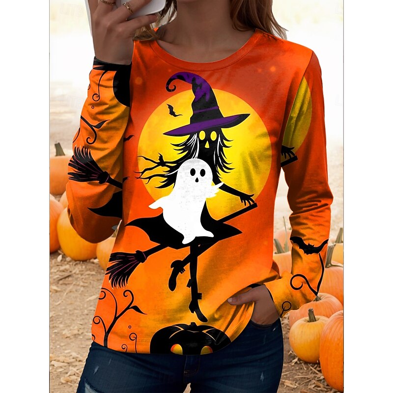 Halloween Women's T shirt Witch Long Sleeve Crew Neck Long Sleeve Tunic Graphic Vintage Casual Regular Tops Daily Print Black Yellow Orange Spring Fall Prefall4