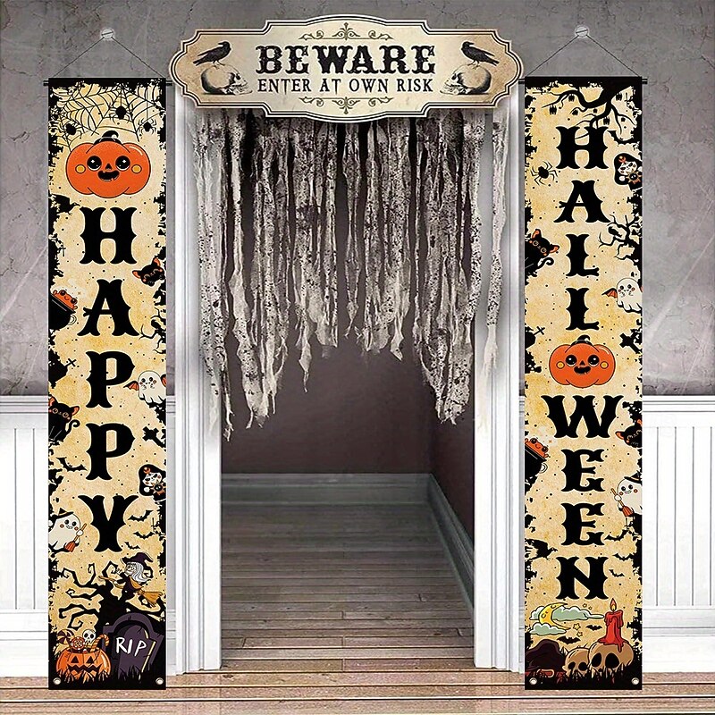 1 Pair Happy Halloween Porch Decoration Banner Polyester Trick or Treat Halloween Night Party for Home Front Door Yard Farmhouse Garden Outdoor Indoor Welcome Sign4