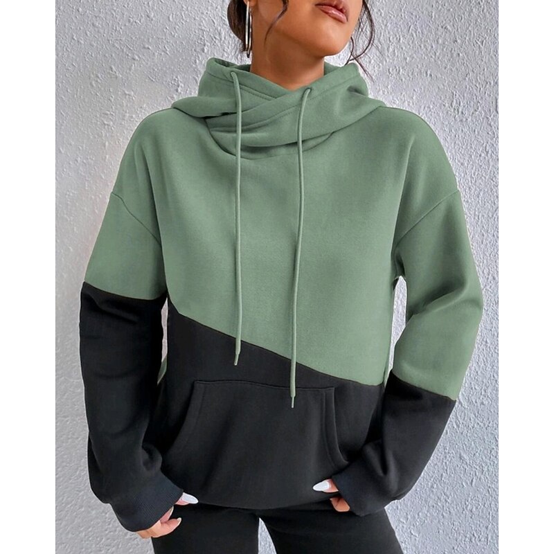 Women's Pullover Hoodie Sweatshirt Color Block Streetwear Casual Long Sleeve Hooded Regular Tops Street Going out Patchwork Pink Green Beige Fall Winter4