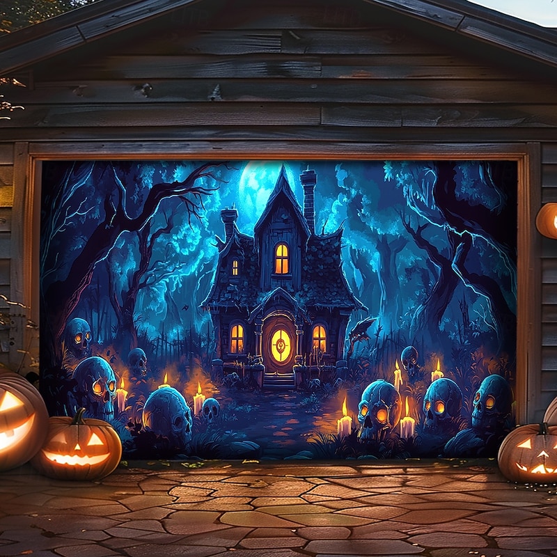 Halloween Outdoor Garage Door Terror haunted house Cover Skeletons Banner Large Tapestry Backdrop Decoration for Holiday Outdoor Garage Door Home Wall Decorations2