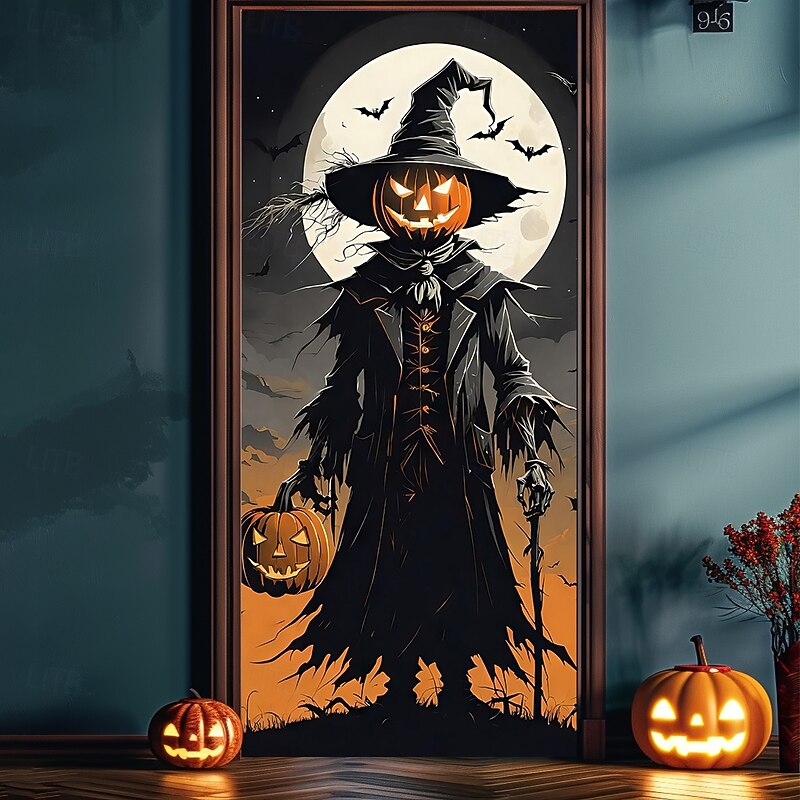 Halloween Door Covers Pumpkin Scarecrow Door Tapestry Door Curtain Decoration Backdrop Door Banner for Front Door Farmhouse Holiday Party Indoor Outdoor Decor Supplies3