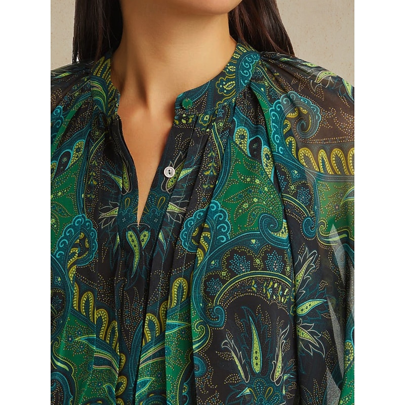 Women's Paisley Print Chiffon Peasant Top Lantern Sleeve Casual Long Sleeve V Neck Shirt Blouse for Spring2