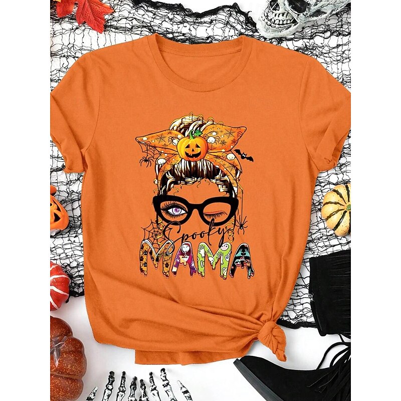 Halloween Women's T Shirt Graphic Pumpkin Letter Vintage Stylish Classic Short Sleeve Crew Neck Regular Tops Daily Weekend Print Orange Summer Spring Fall3