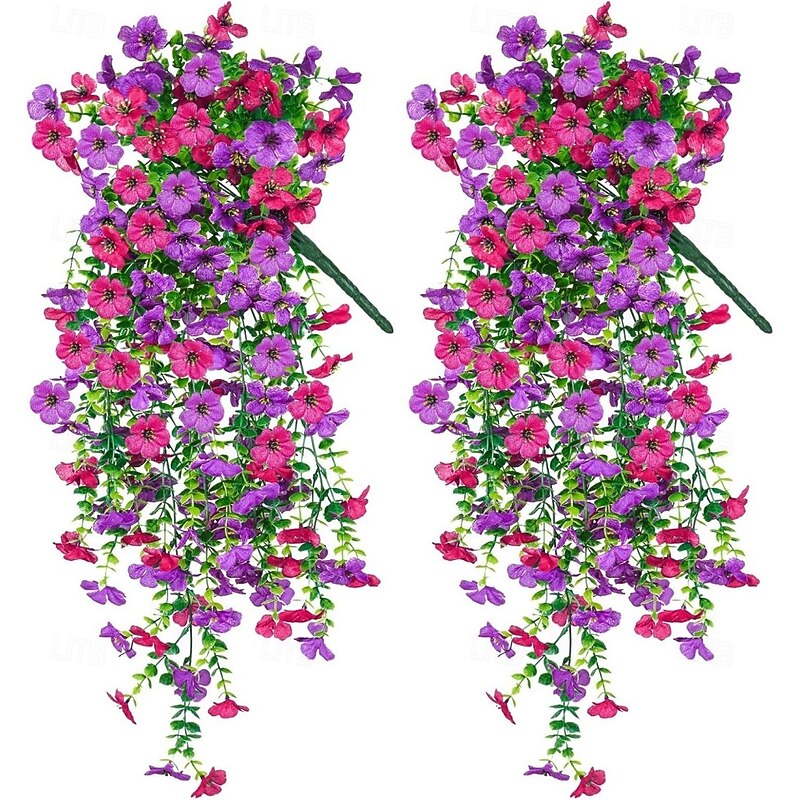 2 Pack Artificial Hanging Flowers for Outdoors Decorations, Fake Hanging Flowers, UV Resistant Artificial Hanging Plants Outdoors for Home Porch Patio Balcony Baskets Yard