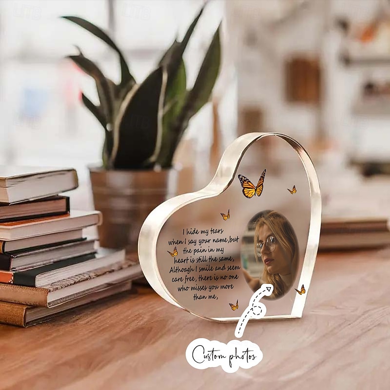 Personalized Memorial Heart Acrylic Plaque with Custom Photo, Sympathy Gift with Quote for Loss of Loved One, Remembrance Keepsake Decor for Family, Friends or Pet