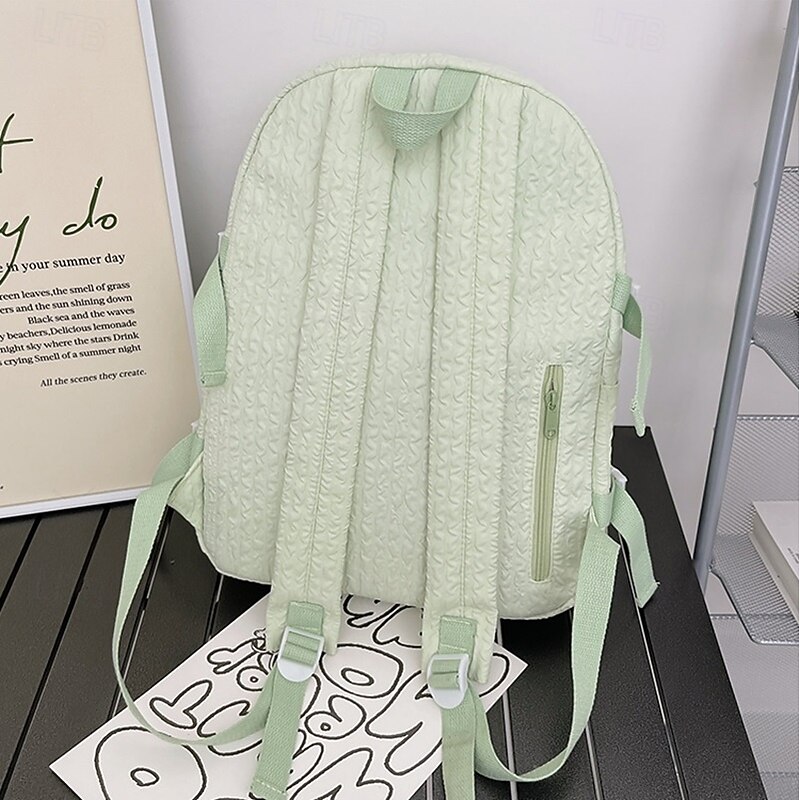 Women's Light Green Textured School Backpack with Cute Teddy Bear Keychain, Large Capacity Lightweight Bookbag for Teen Girls, College, and Casual Daily Use3