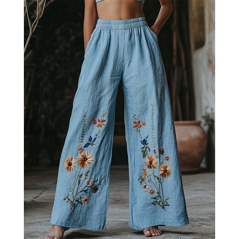 Women's Wide Leg Pants Trousers Palazzo Pants Fashion Boho Full Length High Waist Flower Elastic Waist Print Breathability Comfortable Street Daily Wear Going out Blue Spring Fall Regular Fit