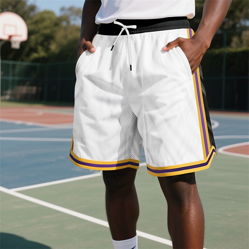 Men's Shorts Summer Shorts Basketball Shorts Casual Shorts Mesh Shorts Pocket Elastic Waist Drawstring Striped Comfort Breathable Short Outdoor Vacation Sport Casual Black White Micro-elastic2